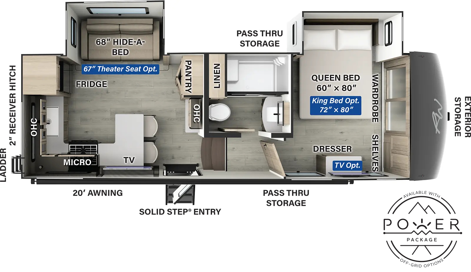 The Rockwood Signature Fifth Wheels R281RK has one entry and two slide outs. Exterior features include: fiberglass exterior and 20' awning. Interiors features include: rear kitchen and front bedroom.